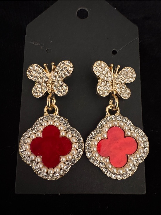 Jewelry - Gold Butterfly Drop Earrings with Red Clover Accent